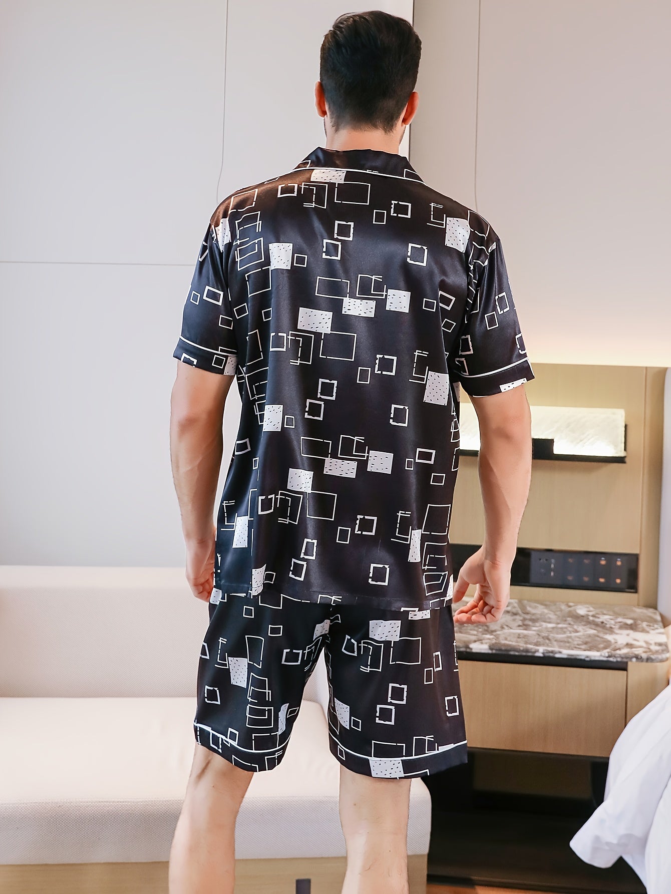 Men's Summer Pajama Set Short Sleeve Shorts Long Pants Geometric Print Cotton Blend
