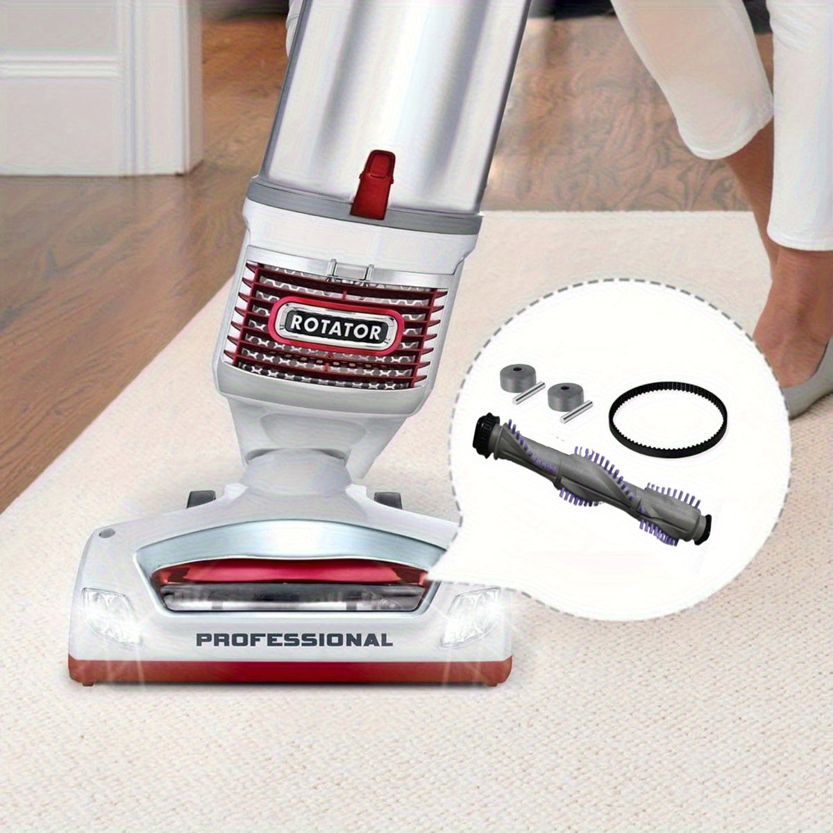 Shark NV500, NV501 va UV560 changyutgichlari uchun almashtirish aksessuarlar to'plami asosiy cho'tka, kamar, kichik g'ildirak va kichik oq cho'tkadan iborat.