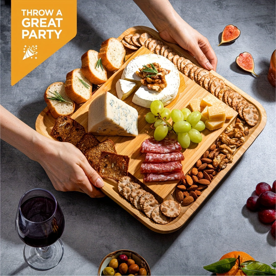 Bamboo Cheese Board Set with Tools, Water-Resistant Serving Tray for Charcuterie and Snacks