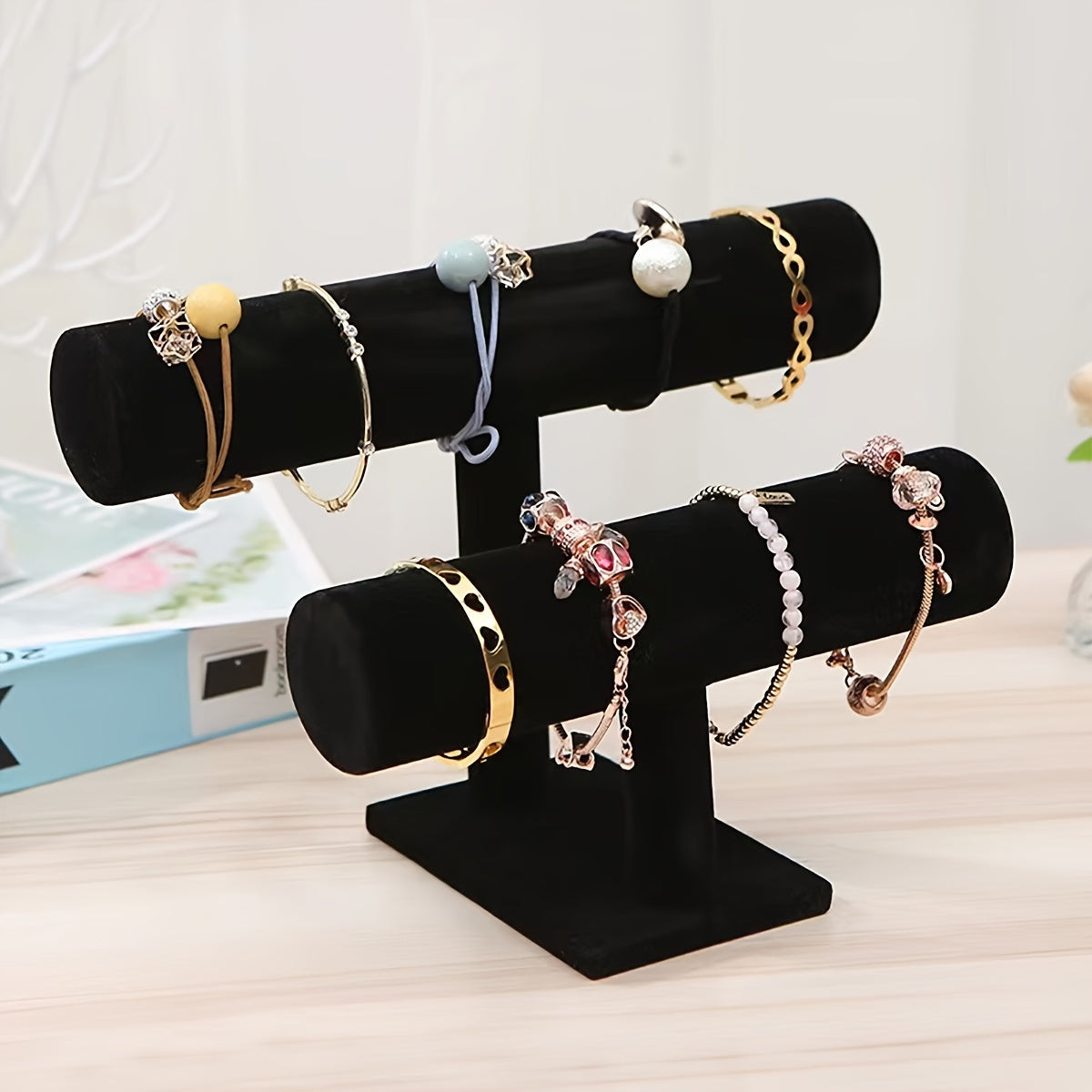 Large Capacity Jewelry Organizer with Scratch-Resistant Black Double Layer Display Stand