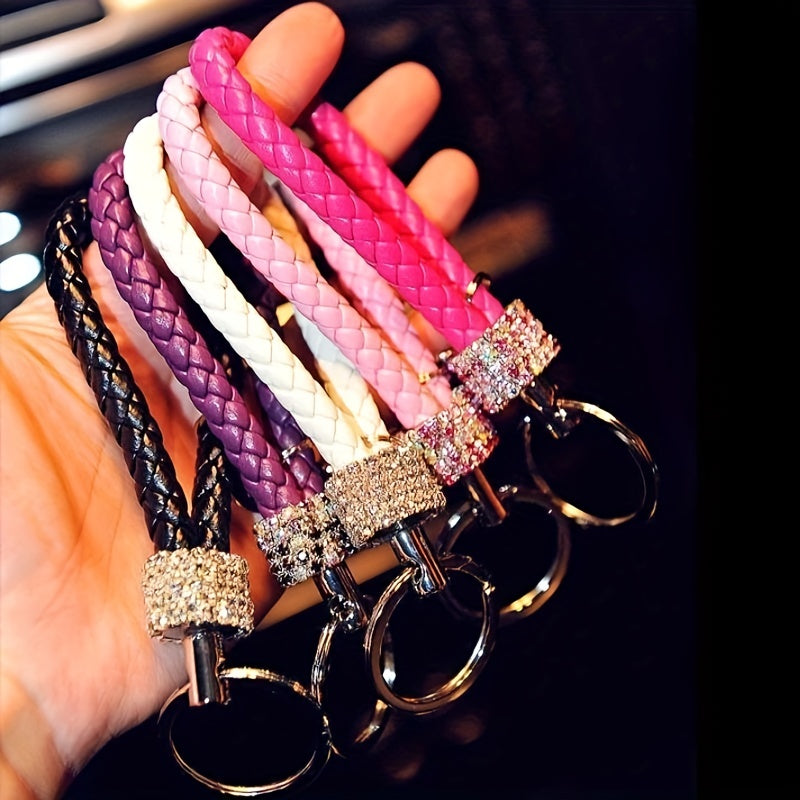 Unisex Braided Rope Rhinestone Car Keychain Monochrome Jewelry