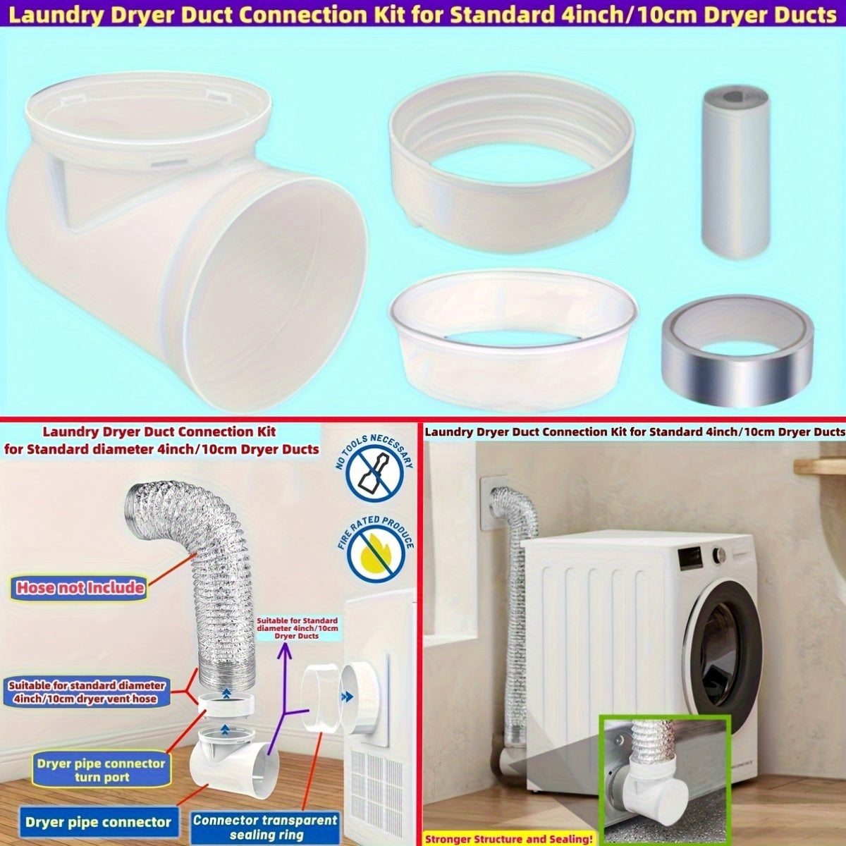 Laundry Dryer Duct Connection Kit, 10.16cm Indoor Vent With Bracket