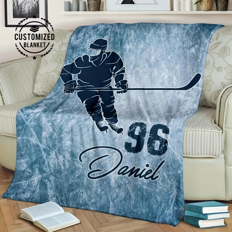 Personalized Ice Hockey Player Flannel Blanket Custom Name Soft Warm Polyester All-Season Use