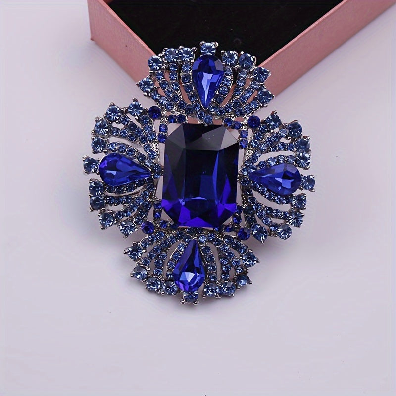 Sapphire Blue Crystal Brooch for Women Glass Rhinestone Fashion Pin for Dresses