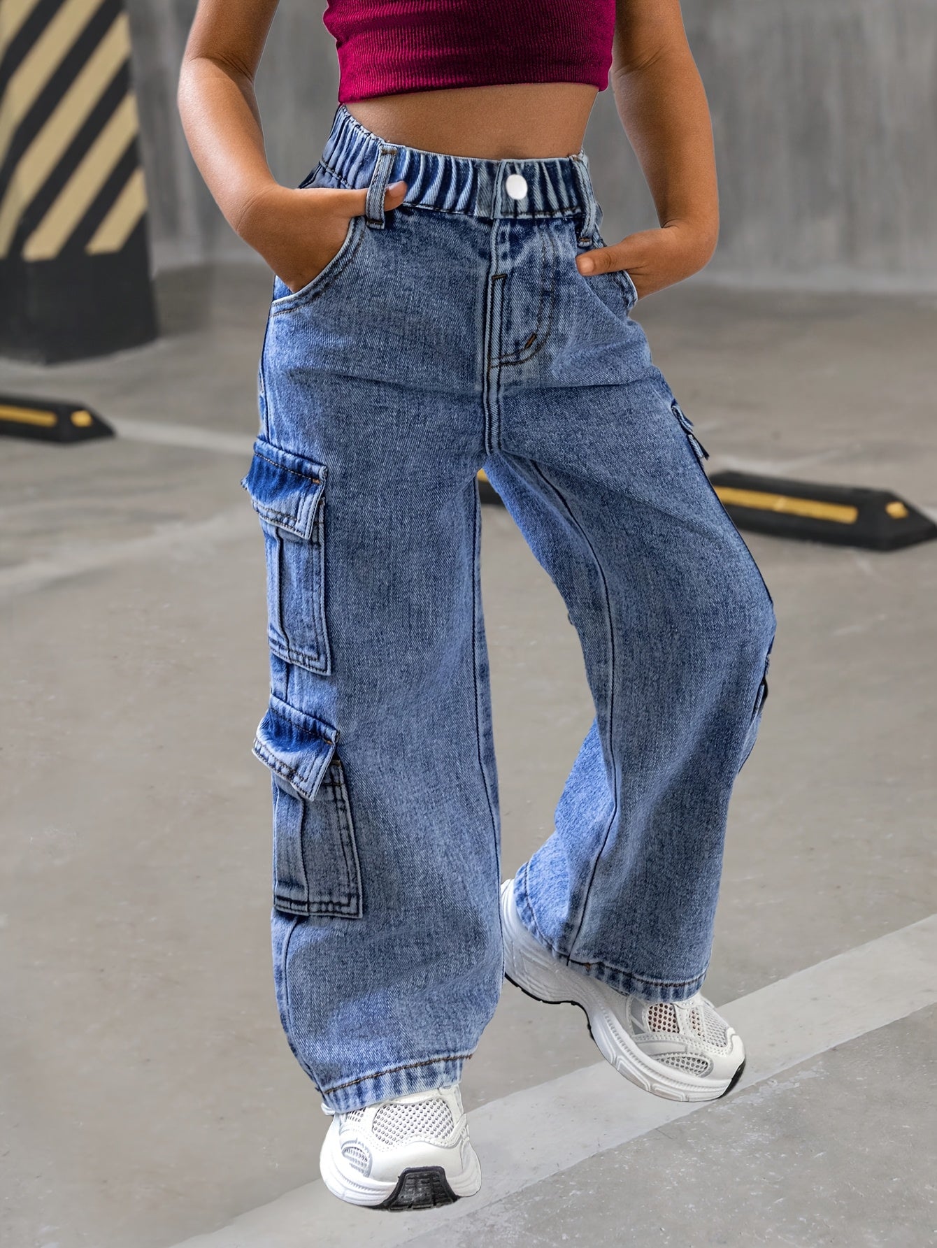 Джинсовые брюки-карго для девочек с эластичным поясом и многокарманным дизайном для возрастов 8-15 лет