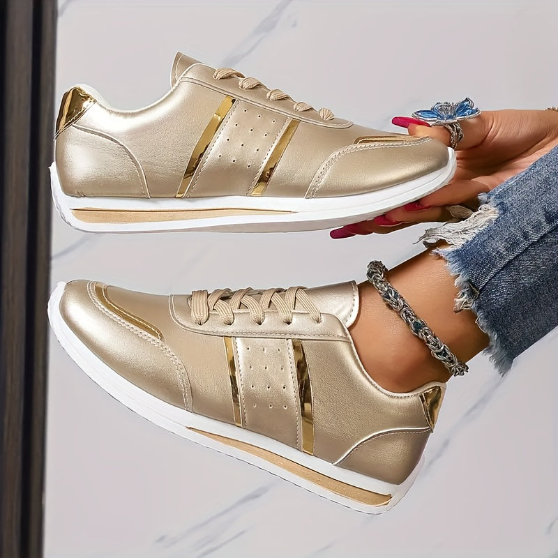 Women's Glitter Stripe Casual Sneakers with Metallic Gold Upper