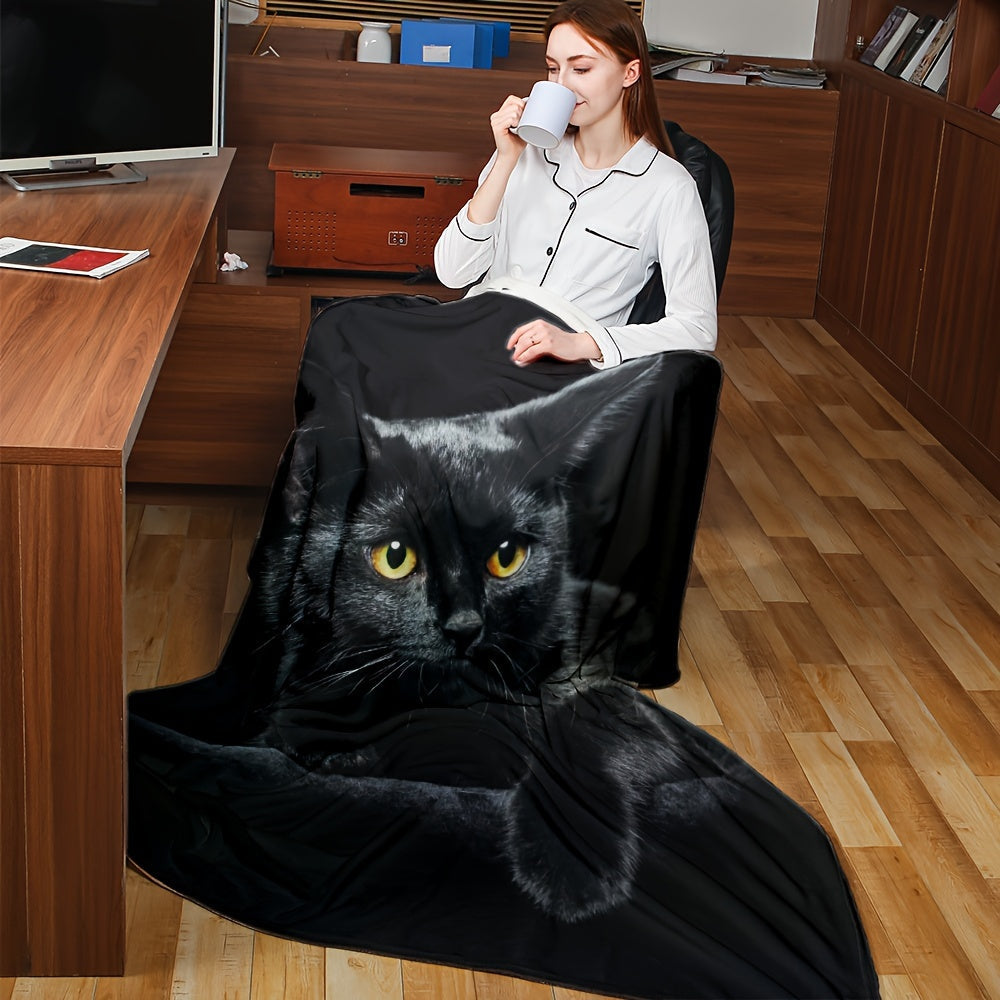 Black Cat Print Flannel Throw Blanket for Couch Bed Car Office Camping