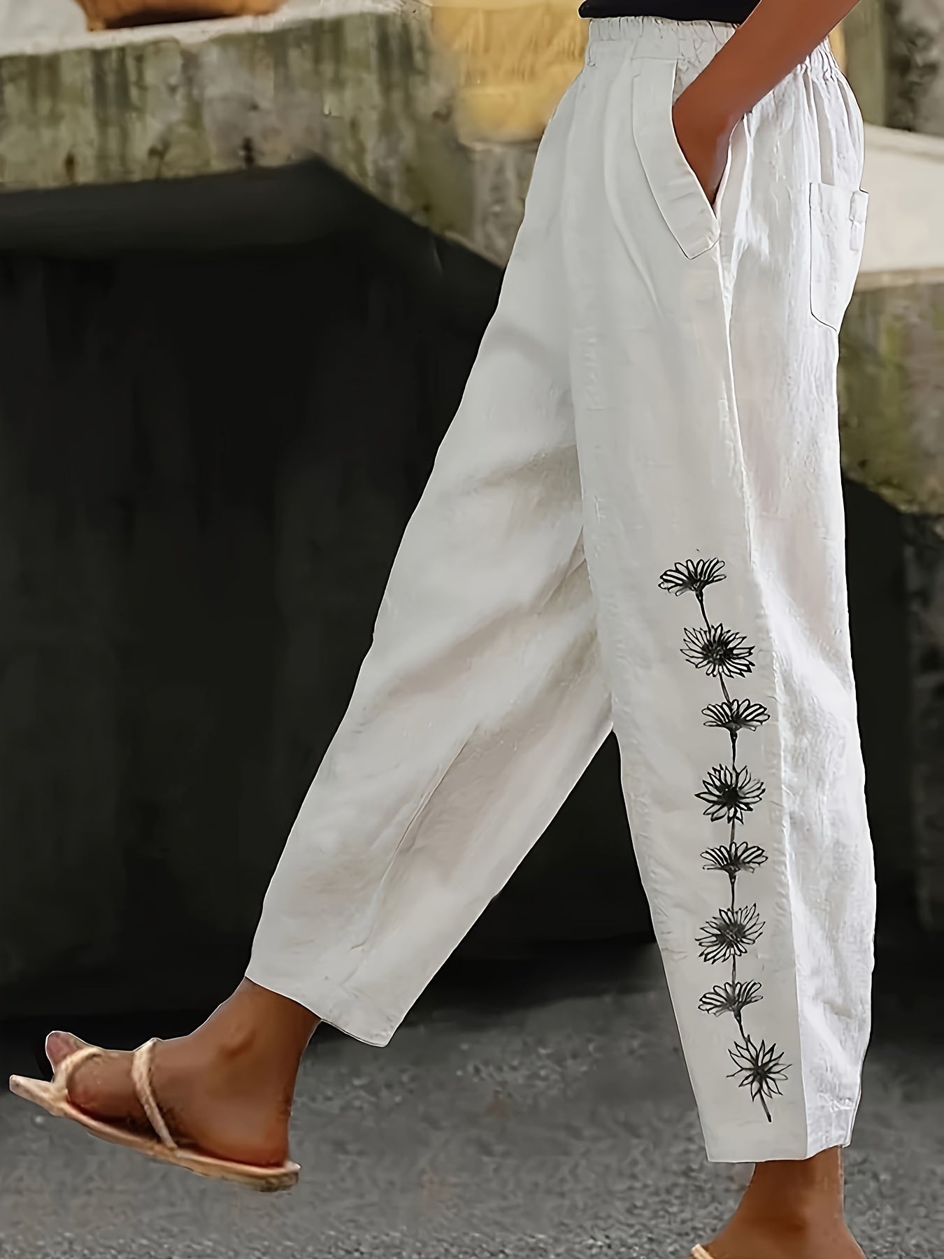 Pantalones de talla grande para mujer con estampado floral, cintura elástica y bolsillos