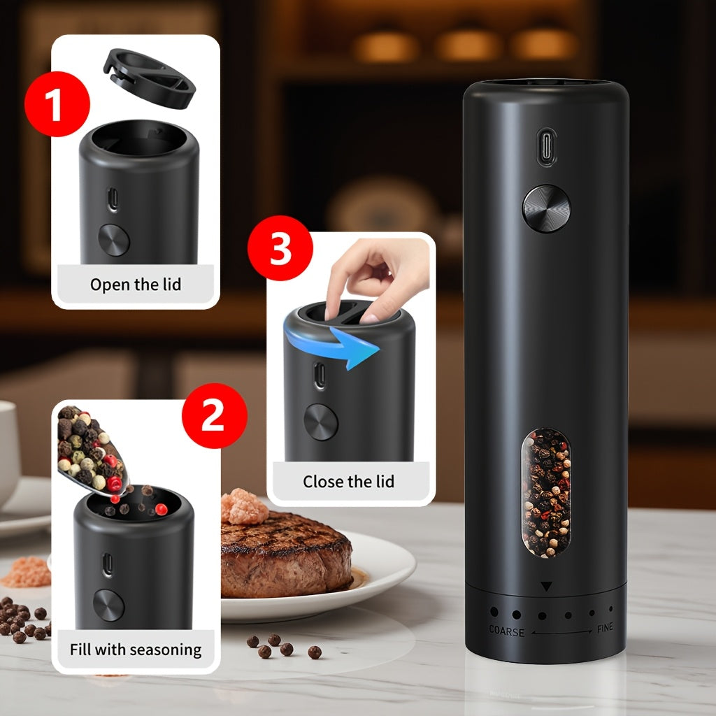 Qayta to'ldiriladigan elektr qalampir maydalagich 110ml sozlanadigan qattiqlik LED chiroq bilan qora