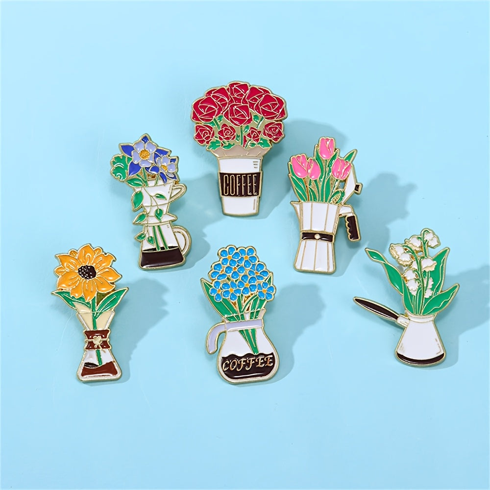Set of 6 Minimalist Alloy Coffee Flower Enamel Brooch Pins Irregular Shaped Lapel Accessories