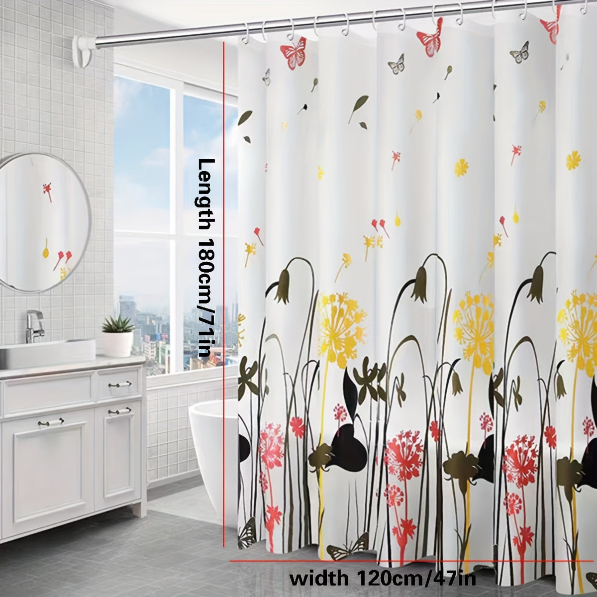 Dandelion Pattern Waterproof PEVA Shower Curtain with Anti-Rust Buttonholes for Bathroom
