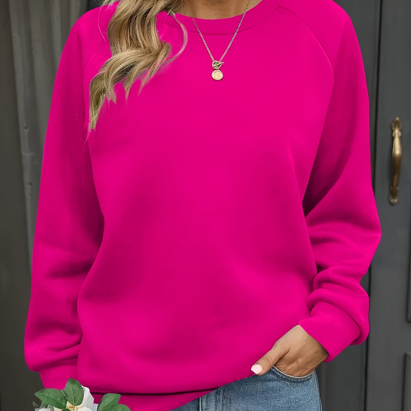 Sudadera de punto de color sólido para mujer con cuello redondo, poliéster y spandex, otoño e invierno