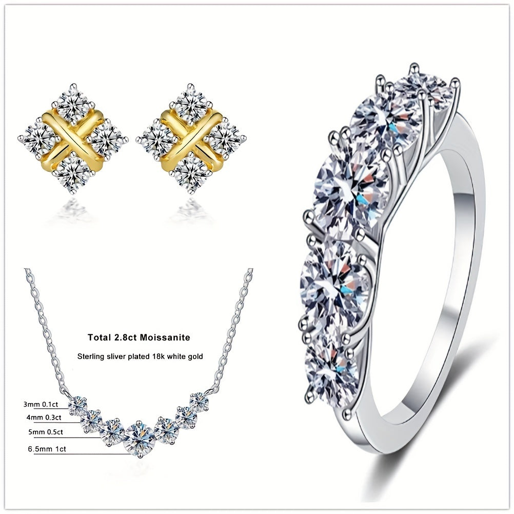 Sterling Silver 4-Piece Jewelry Set with Moissanite Necklace Earrings Ring Gift for Holidays