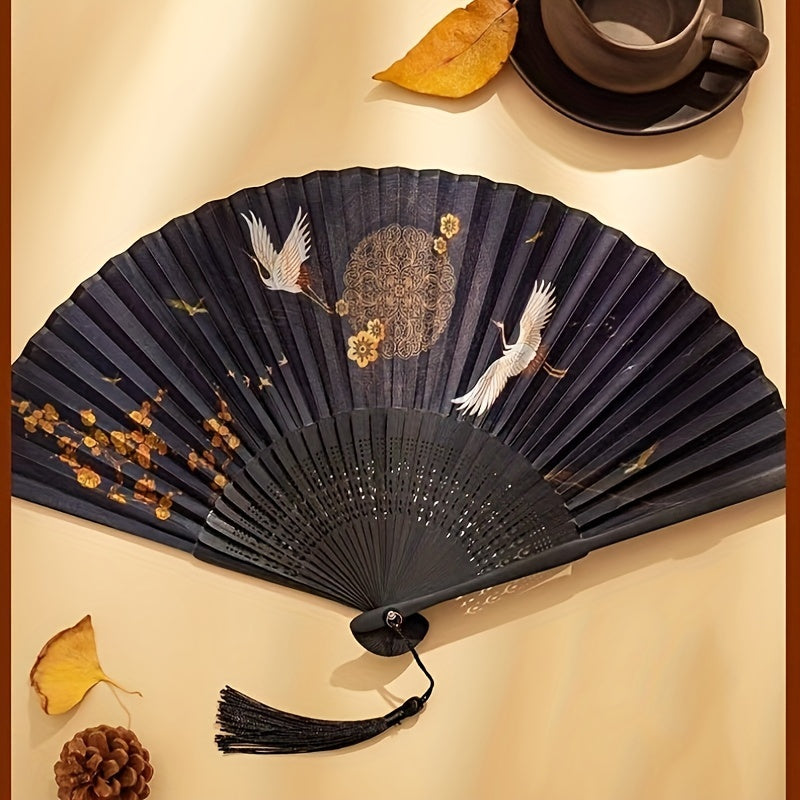 Vintage Chinese Silk Folding Fan with Traditional Costume Style Tassel for Summer Cooling and Dance
