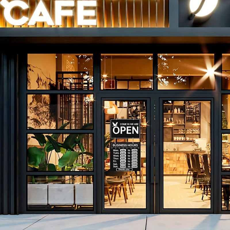 "Ochiq/Yopiq" uchun zamonaviy ikki tomonlama osma belgi bilan baringizni yanada chiroyli qiling. Mustahkam qora akril materialdan tayyorlangan ushbu nafis belgi, ish vaqtlari va mijozlar yozuvlarini oson sozlash uchun ruchka bilan birga keladi.