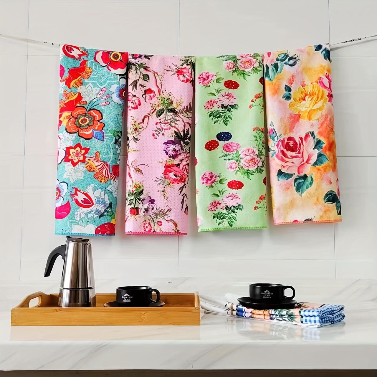 Set of Four Microfiber Kitchen Towels Floral Print 40x60cm Absorbent Lint-Free