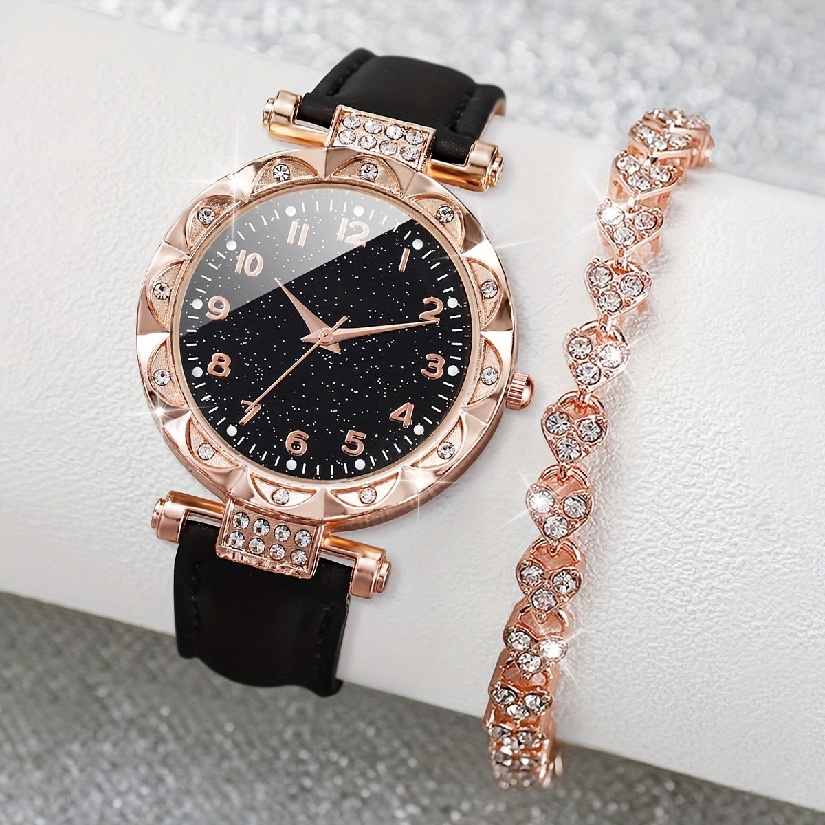Women's Quartz Watch and Bracelet Set with Round Alloy Case and Faux Leather Band