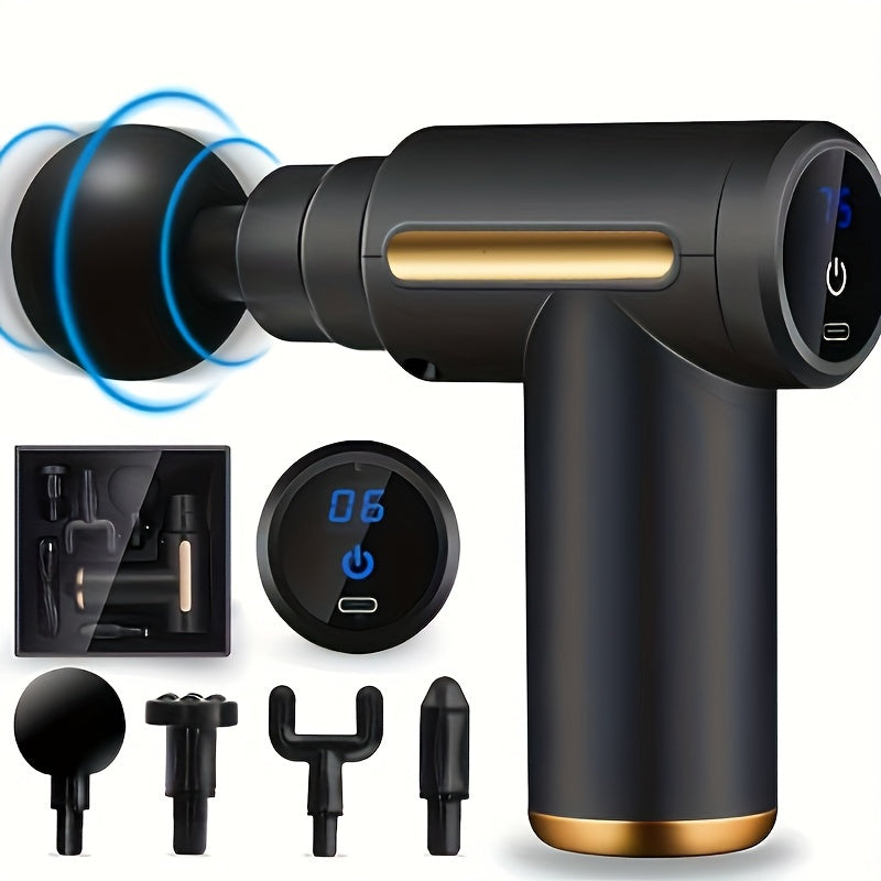 Portativ LCD massaj quroli, USB zaryadlash, mustahkam ABS material, 4 almashtiriladigan bosh, raqamli ko'rsatkich, ergonomik tutqich - fitnes, ochiq havoda foydalanish, bayram sovg'alari uchun ideal (Qora &