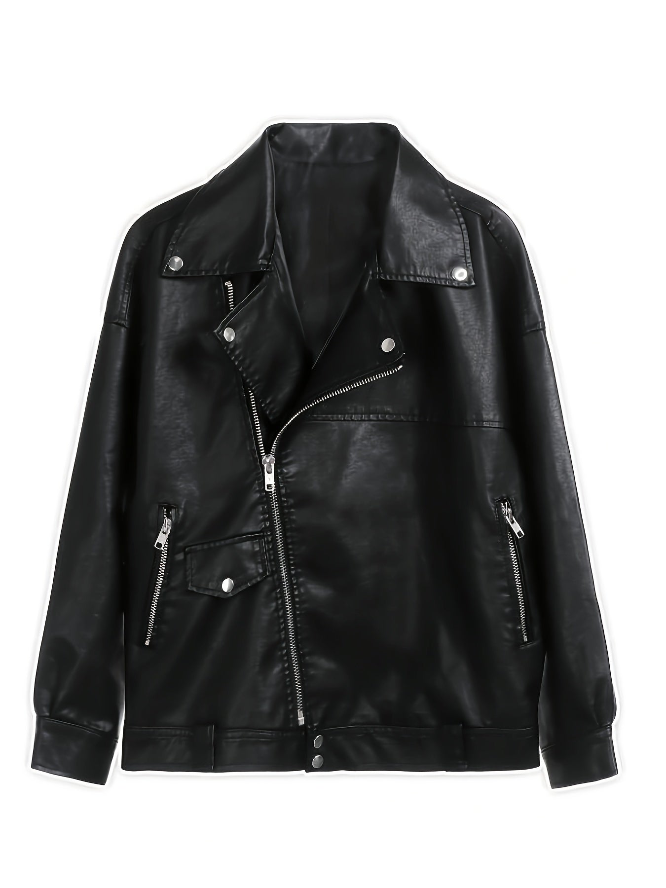 Women's Fleece-Lined Motorcycle Jacket Black Casual Loose Fit Waterproof Polyester