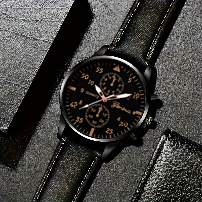 Set de reloj de cuarzo para hombre, 8 piezas, caja de aleación resistente a golpes, correa de cuero sintético, casual