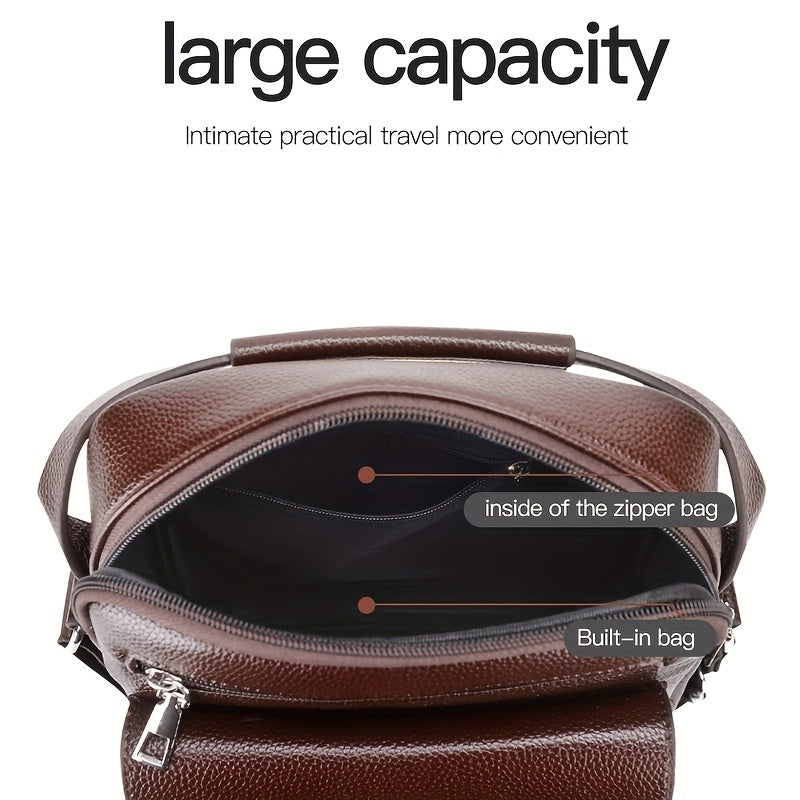 Men's Vintage Business Casual Shoulder Bag Black with Multiple Compartments and Zippered Pockets