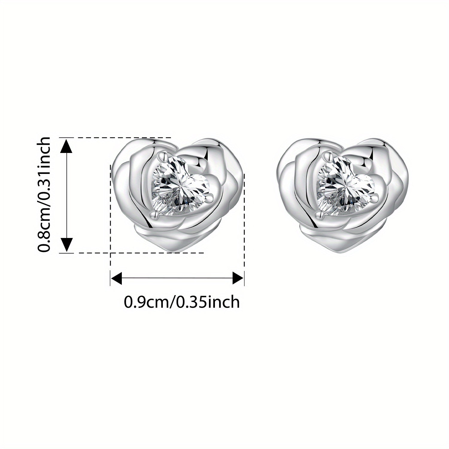Women’s Heart and Rose Stud Earrings Hypoallergenic Sterling Silver Cubic Zirconia Gift