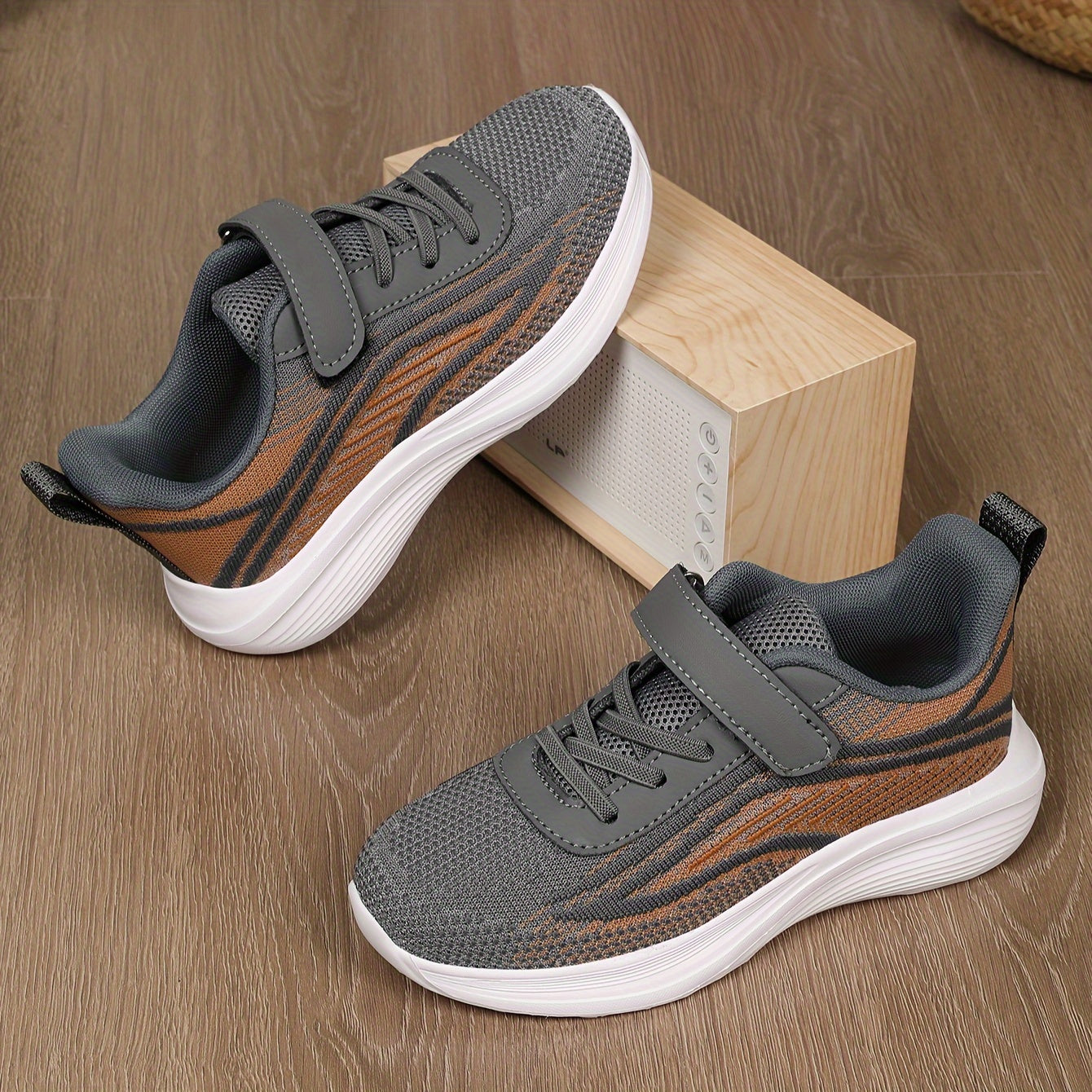 Kids' Mesh Athletic Shoes Gray and Brown Striped Casual Sneakers with Non-Slip EVA Sole