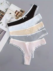 Set of 5 Low Waist Cotton Panties with Lace Trim and Ribbed Design for Women
