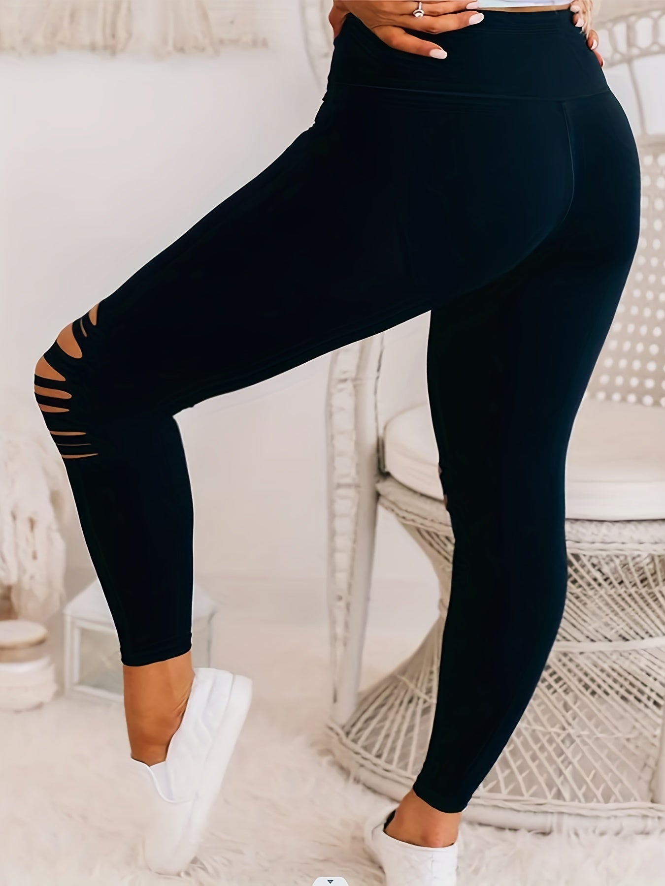 Plus Size Women's Black High-Waist Leggings with Hollow-Out Detail