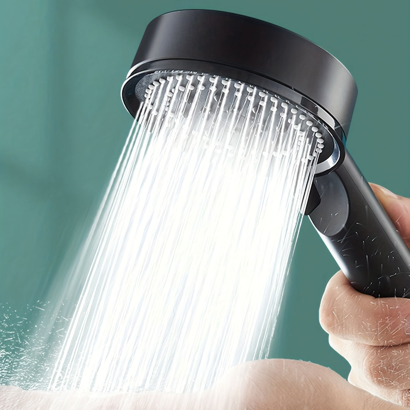 Black Shower Head with Five-Speed Settings and Stop Button Pressurized Spray Bath Set with Lotus Design