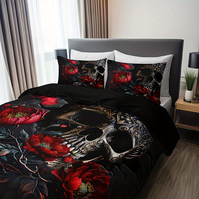 Gothic Skull Floral Duvet Cover Set 3 Pieces Breathable Bedding for Home and Dorm