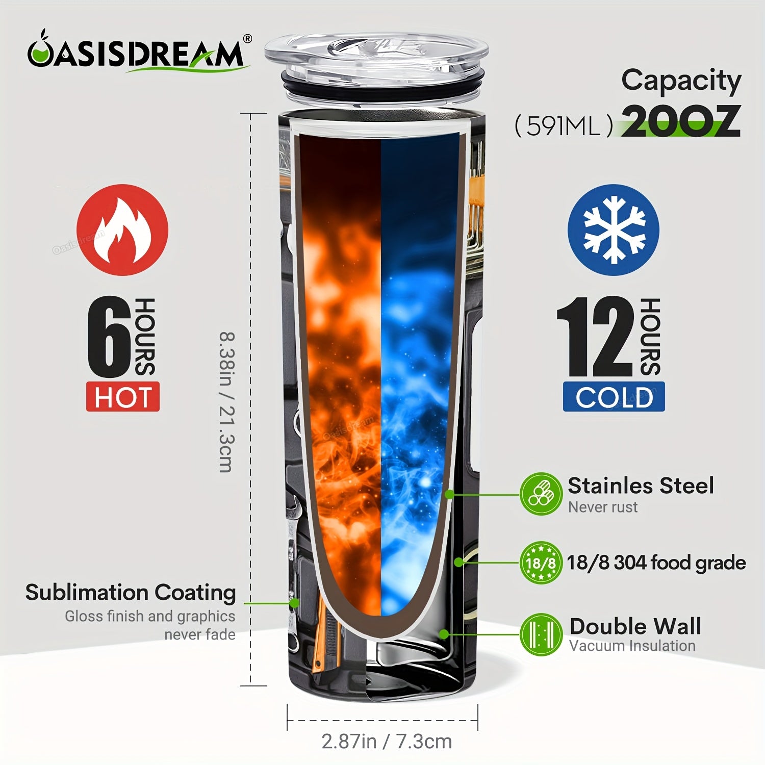 20oz Stainless Steel Insulated Tumbler with Printed Mechanic Tools Lid for Hot Cold Drinks