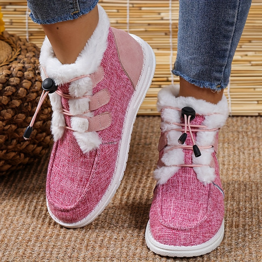 Women's Winter Slip-On Shoes Faux Fur Lined Beige Fabric Black Drawstrings Round Toe TPU Sole