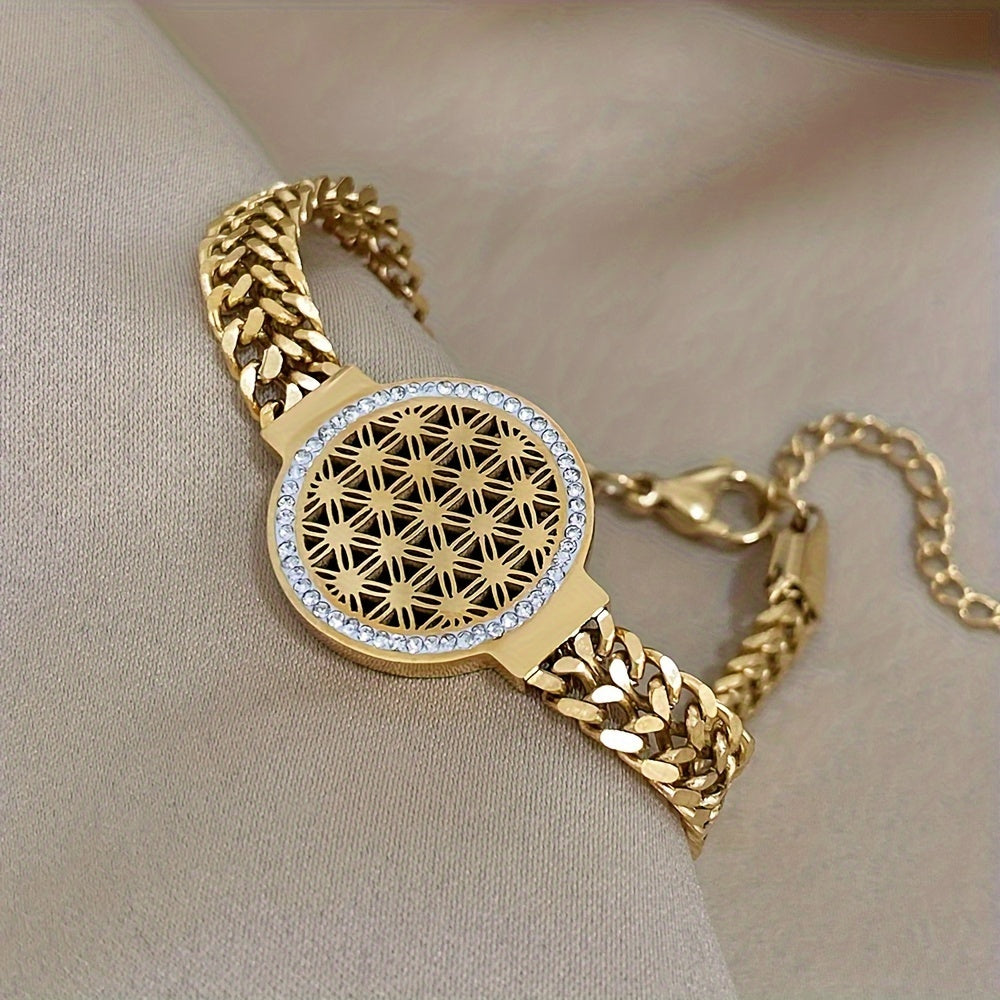 Hollow Gold-Plated Stainless Steel Bracelet with Rhinestones for Women