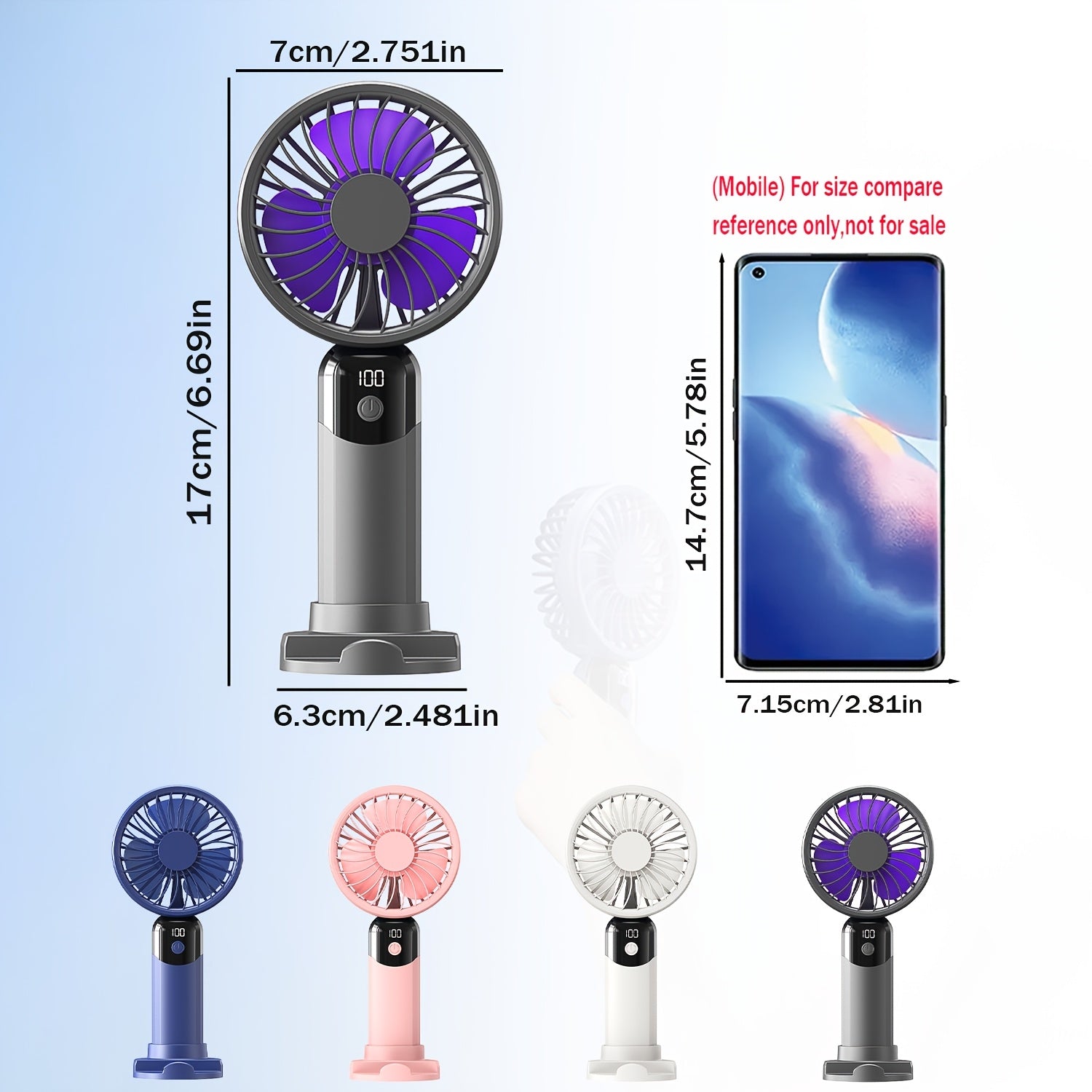 Handheld Fan with LED Display, 6 Speed Settings, Rechargeable Battery, Stable Base Stand for Phone Binge-Watching