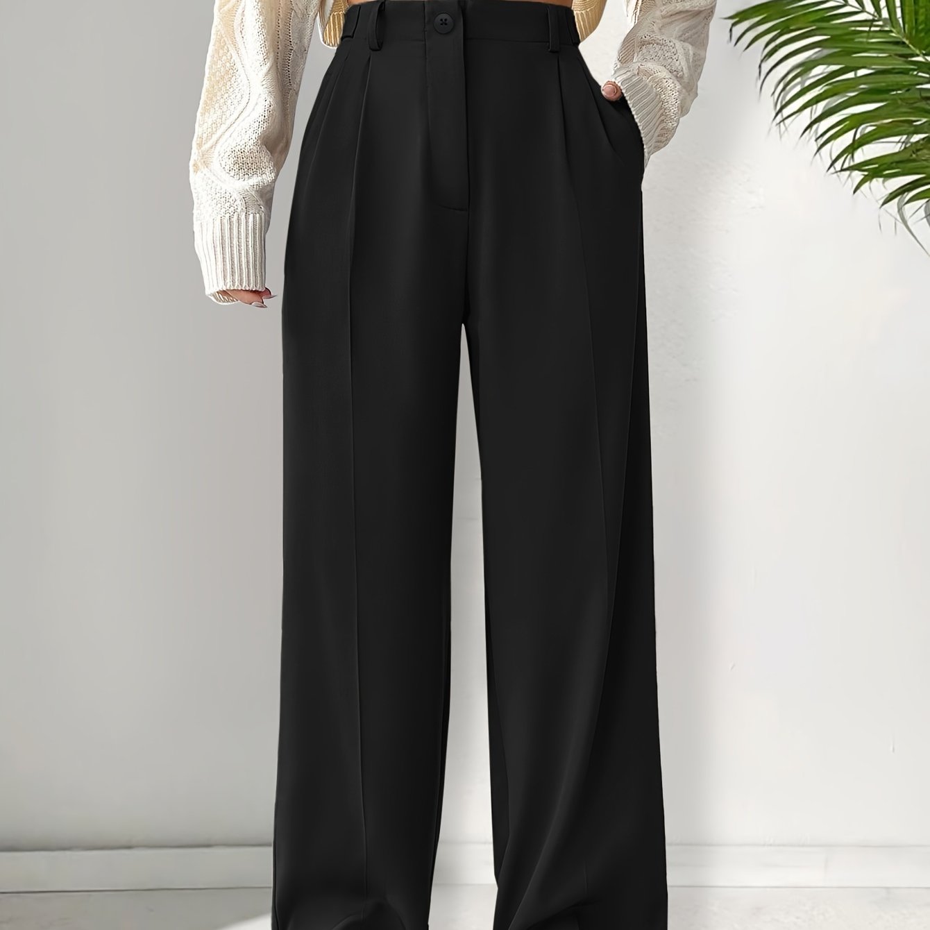 Women's Solid Color Work Pants with Dual Pockets Long Casual Trousers