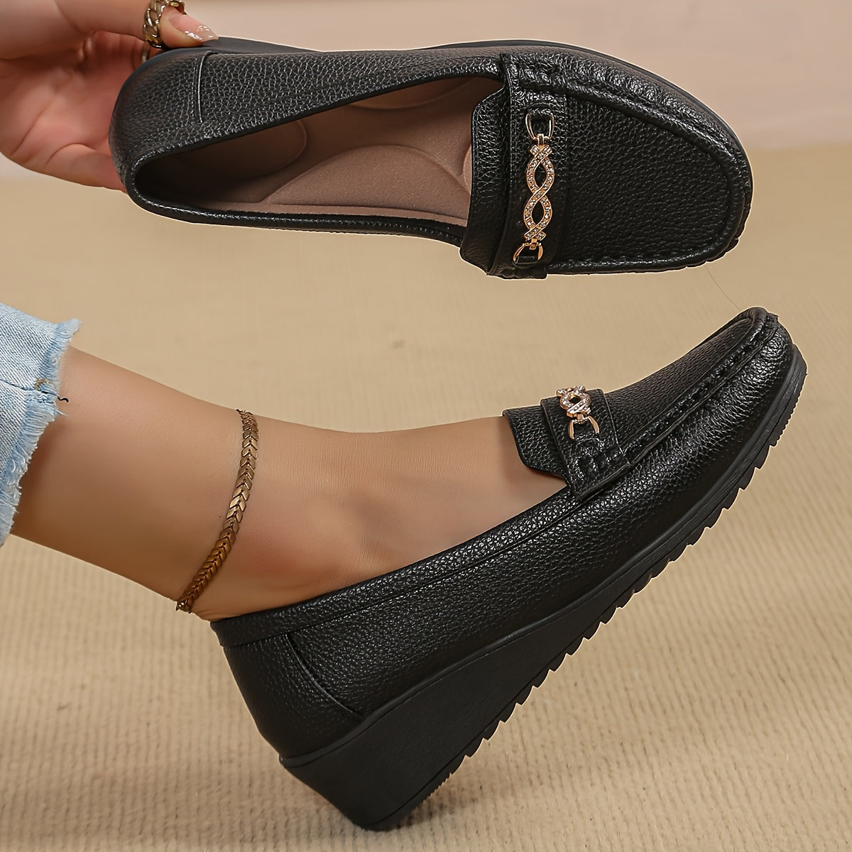 Women's Slip-Resistant Crystal-Embellished Metallic Loafers with Cushioned Sole