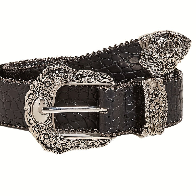 Women's Black PU Western Style Belt with Carved Buckle and Stone Embossing