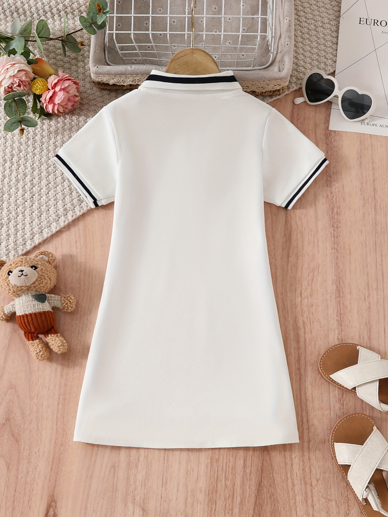 Girls Kids Dress with Bear Contrast Ruffle Collar Short Sleeve Knit Fabric Casual Back-to-School