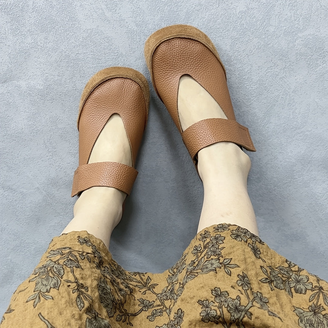 Women's Genuine Leather Mary Jane Flats Brown Breathable Comfortable
