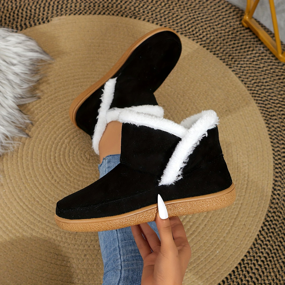Women's Winter Plush Lined Slip-On Ankle Boots with Rubber Sole