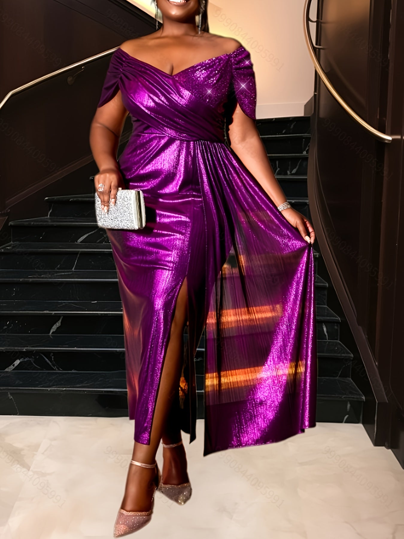 Plus Size Sequin Off-Shoulder Evening Gown Purple High Slit Formal Dress