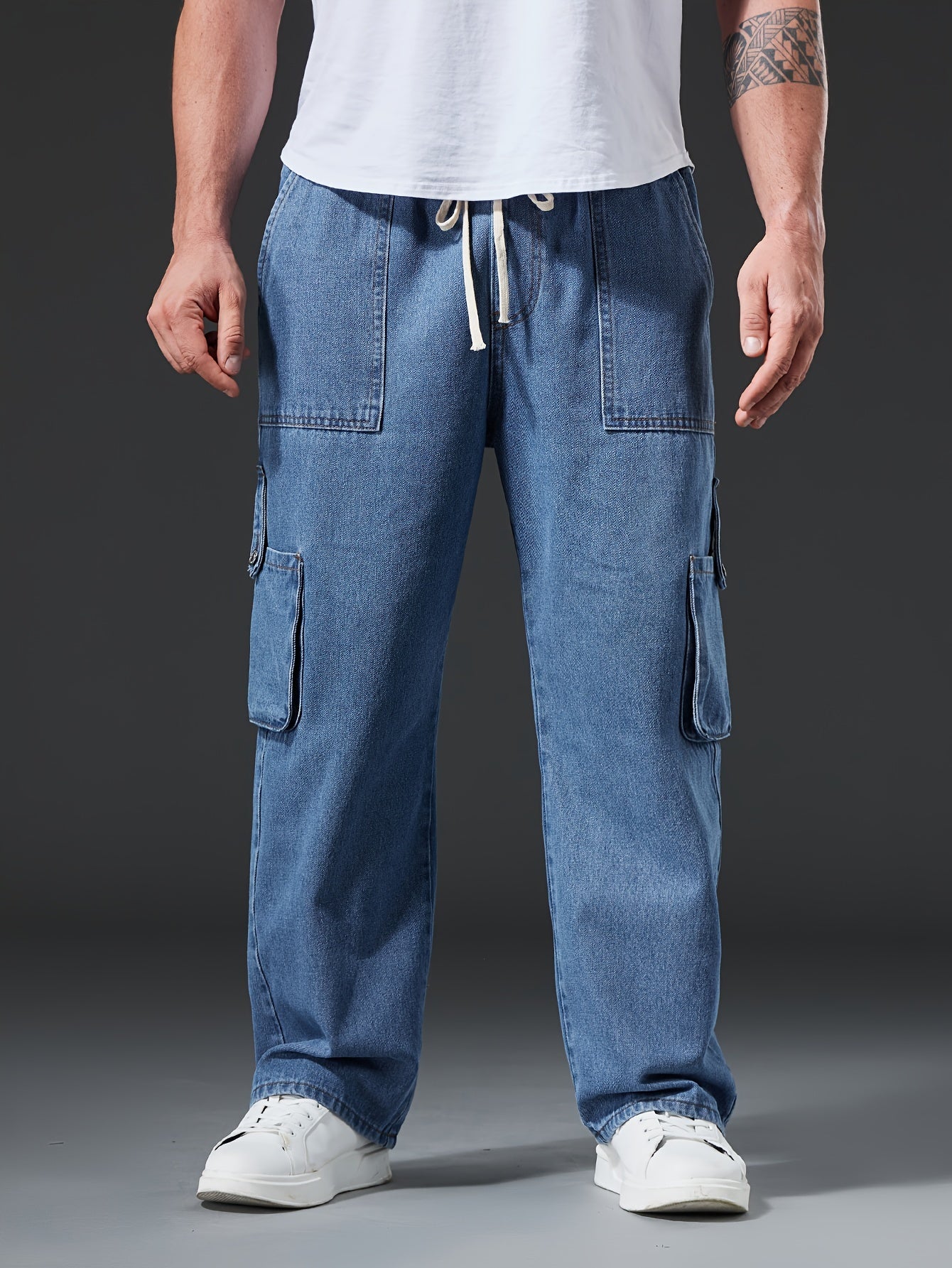 Men's Cargo Jeans Plus Size Solid Denim Casual All-Season Non-Stretch Elastic Waist