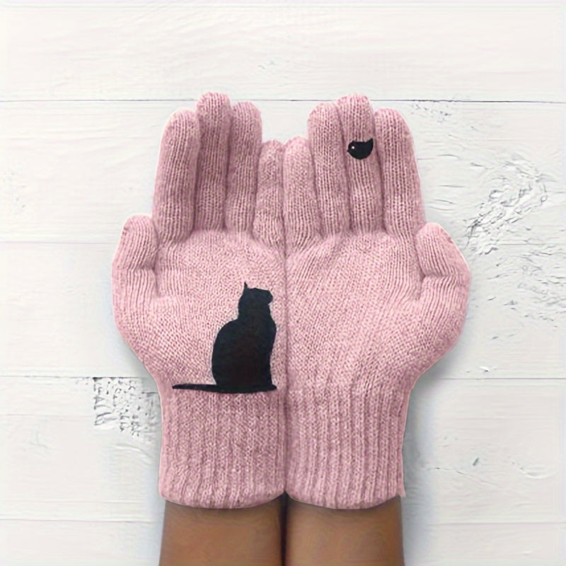 Knit Gloves for Women with Cat Print Split Finger Design Warm Winter Accessories