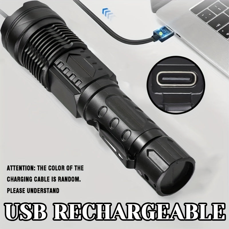 Portable Camping Flashlight USB Rechargeable LED Handheld Torch with Red-Blue Warning Light