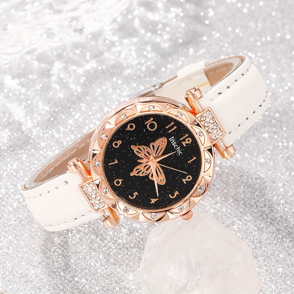 Women's Quartz Watch Set with Round Dial PU Leather Strap Matching Jewelry Gift