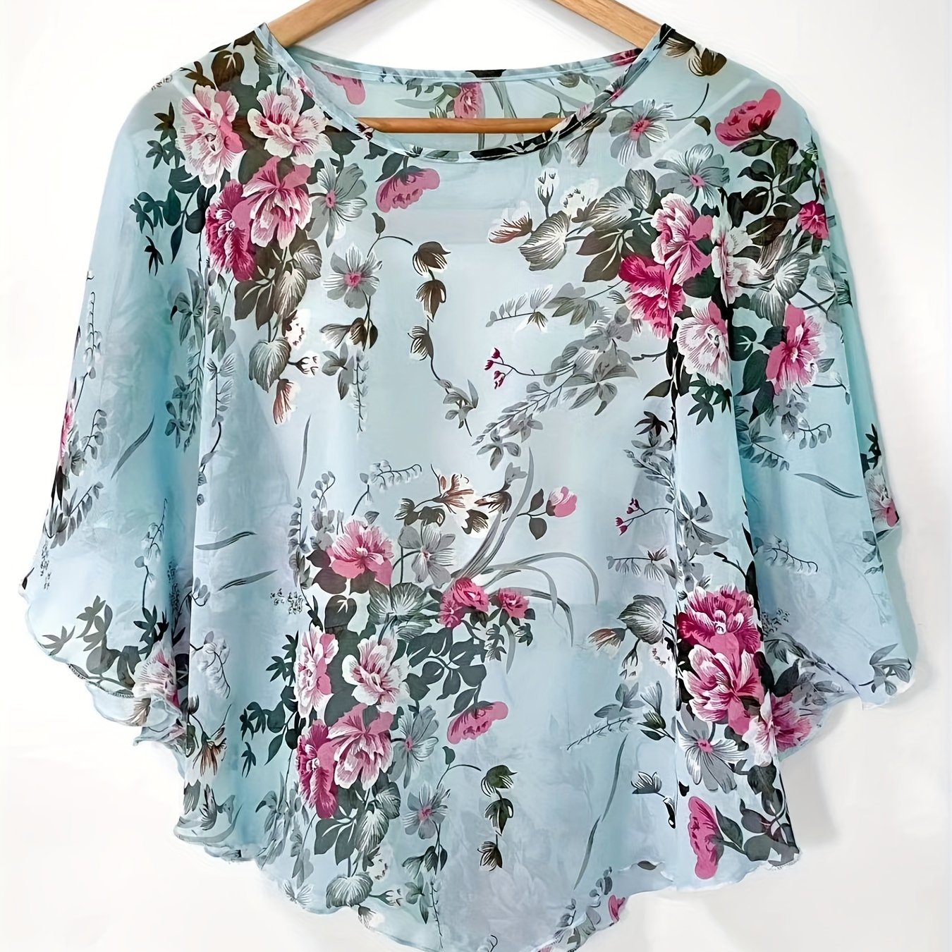 Floral Print Asymmetrical Blouse for Women Sheer Sleeves Sun Protection Beachwear