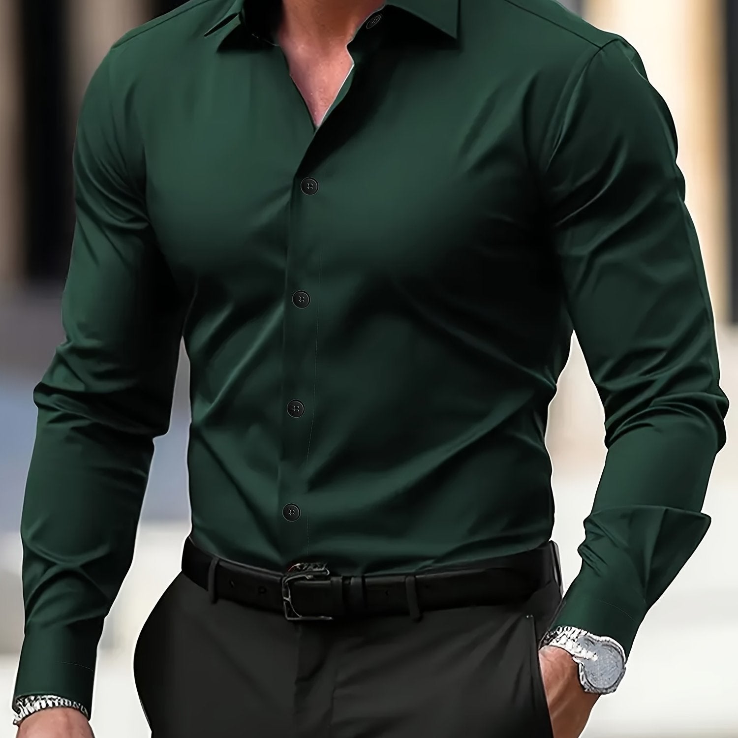 Men's Green Long-Sleeve Polyester Dress Shirt Semi-Sheer Lapel Business Formal
