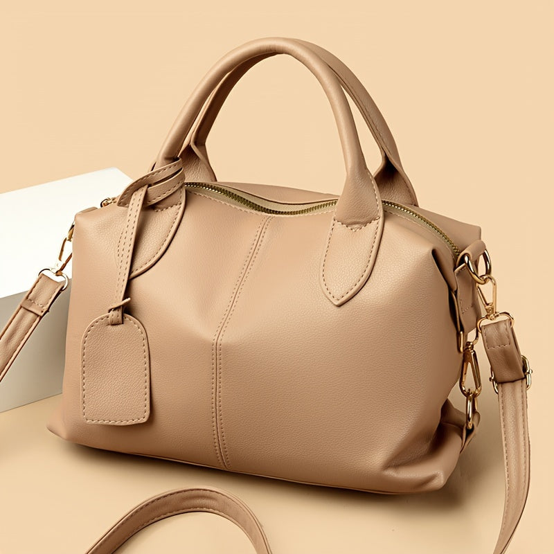 Synthetic Leather Tote Bag with Zipper Closure and Edge Paint in Black Pink Khaki Orange Light Brown