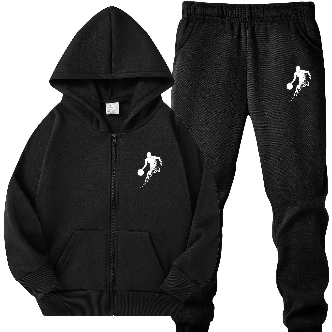 Boys' Black Basketball Print Hoodie and Jogger Set Polyester Zip Pockets Casual Sports Outdoor
